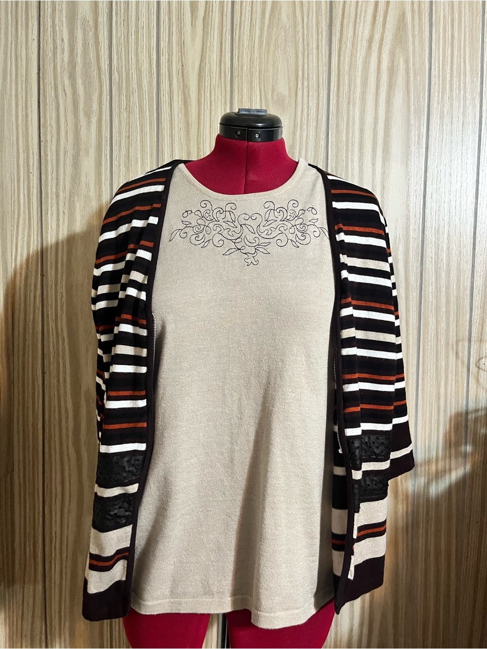 Emotions Cream Embroidered Top with Black Striped Cardigan XL